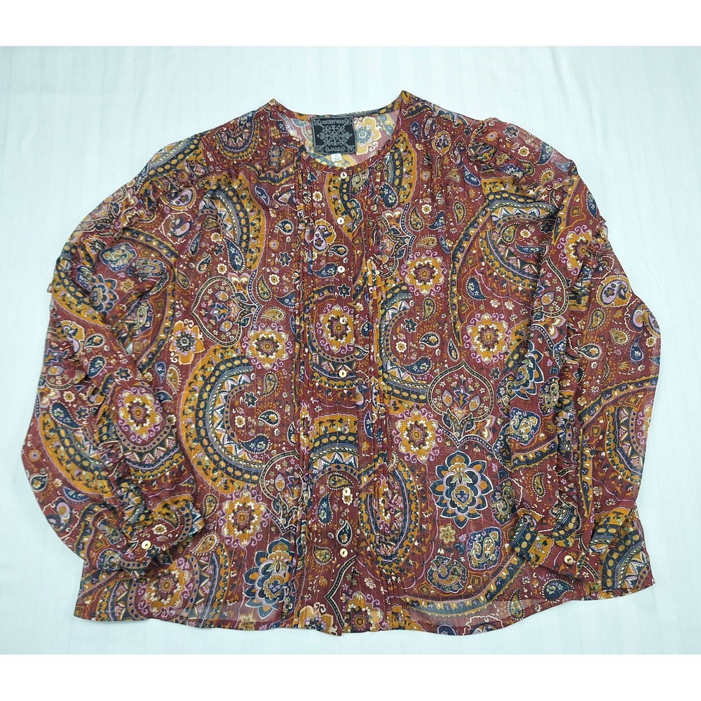 Johnny‎ Was JADE Paisley Metallic Stripe Button Front Blouse Red Gold Size M